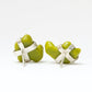 Sterling silver succulent plant studs sculped from powder glass. Dimensions are approximately 0.9 x 1.4 cm and 1.1 x 1.2 cm.