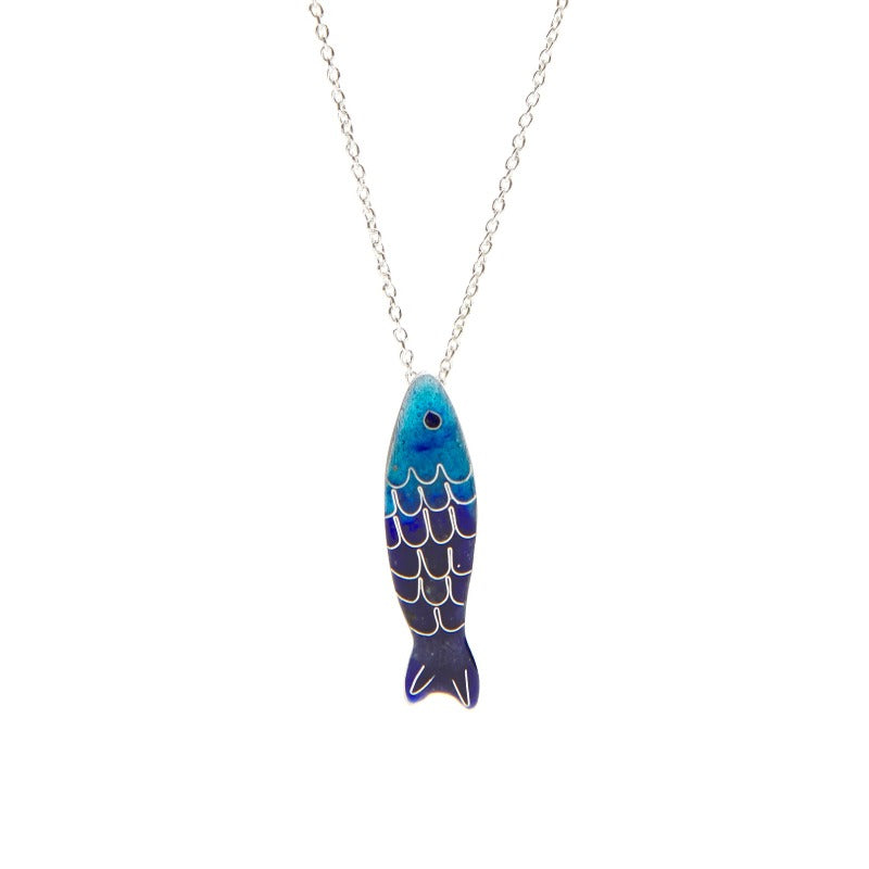 Small glass enamel cloisonné fish, applied on fine silver, accompanied by a delicate 45 cm sterling silver chain with an additional 5 cm for size adjustment. Light blue and dark bluefish.