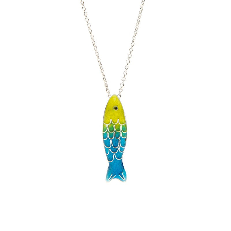 Small glass enamel cloisonné fish, applied on fine silver, accompanied by a delicate 45 cm sterling silver chain with an additional 5 cm for size adjustment. Light blue and yellow fish.