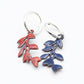 Sterling silver hoop earrings featuring a stylized dangling leafy branch crafted with glass enamel cloisonné on copper. Red colour enamel. Back of the branch in dark blue counter-enamel