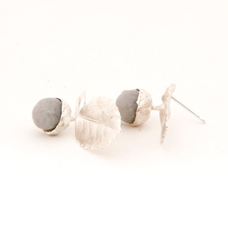 Small realistic sterling silver and glass acorn studs. Delicate leaf with a sterling silver and glass acorn. Grey colour glass