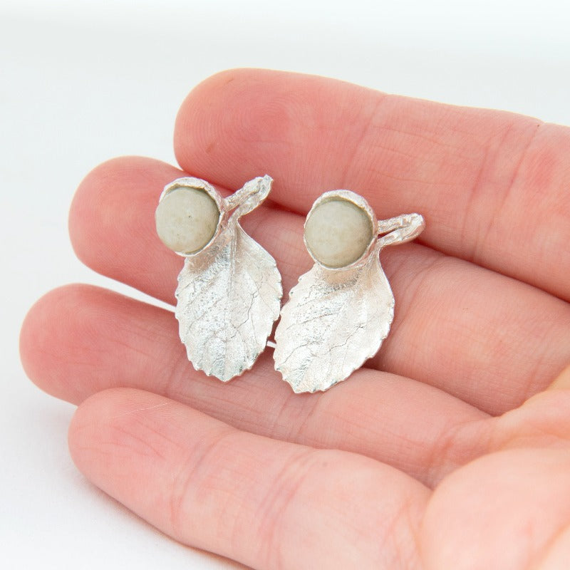 Small realistic sterling silver and glass acorn studs. Delicate leaf with a sterling silver and glass acorn.Yellow colour glass