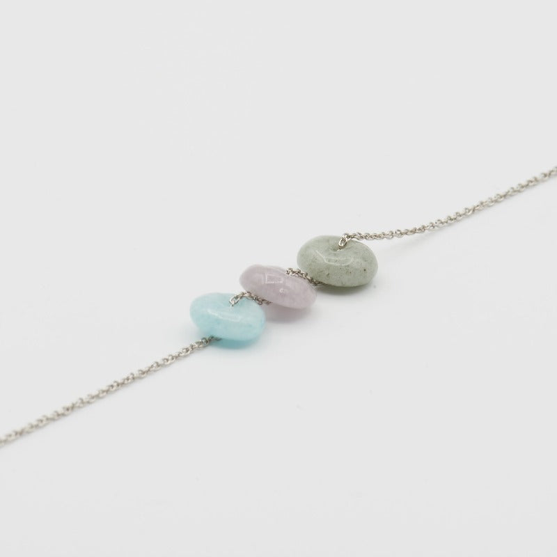 Dainty necklace adorned with 3 small hand sculped glass beads adding a perfect touch of color. Sterling silver chain measuring 45 cm with an additional 5 cm of adjustable chain.
