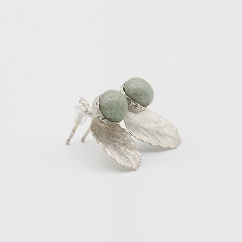 Small realistic sterling silver and glass acorn studs. Delicate leaf with a sterling silver and glass acorn. Pastel mint colour glass